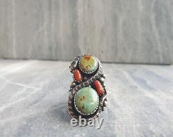 AMERICAN TURQUOISE MEN'S 925 STERLING SILVER Vtg Coral Green Solid Size 8 Ring