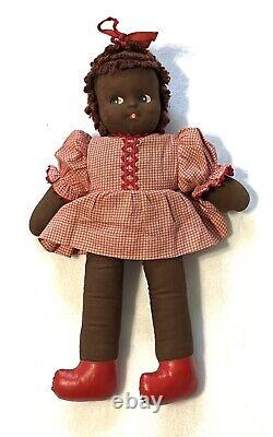 ANTIQUE 12 AFRICAN AMERICAN Handmade Cloth Girl Doll Dress Hair BLACK FOLK ART