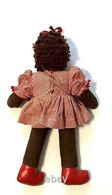 ANTIQUE 12 AFRICAN AMERICAN Handmade Cloth Girl Doll Dress Hair BLACK FOLK ART