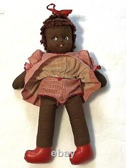 ANTIQUE 12 AFRICAN AMERICAN Handmade Cloth Girl Doll Dress Hair BLACK FOLK ART