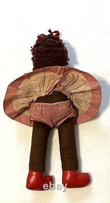 ANTIQUE 12 AFRICAN AMERICAN Handmade Cloth Girl Doll Dress Hair BLACK FOLK ART