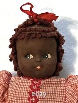 ANTIQUE 12 AFRICAN AMERICAN Handmade Cloth Girl Doll Dress Hair BLACK FOLK ART