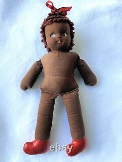 ANTIQUE 12 AFRICAN AMERICAN Handmade Cloth Girl Doll Dress Hair BLACK FOLK ART