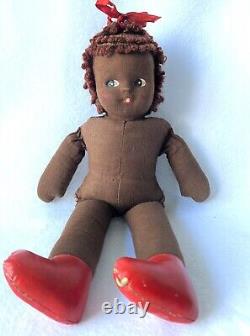 ANTIQUE 12 AFRICAN AMERICAN Handmade Cloth Girl Doll Dress Hair BLACK FOLK ART