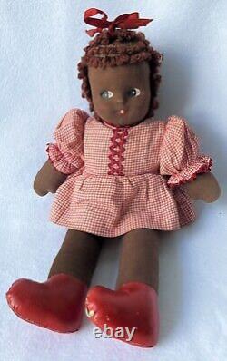 ANTIQUE 12 AFRICAN AMERICAN Handmade Cloth Girl Doll Dress Hair BLACK FOLK ART