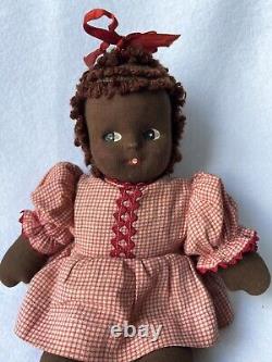 ANTIQUE 12 AFRICAN AMERICAN Handmade Cloth Girl Doll Dress Hair BLACK FOLK ART