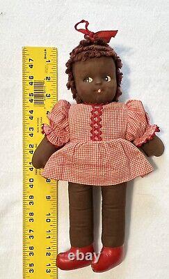 ANTIQUE 12 AFRICAN AMERICAN Handmade Cloth Girl Doll Dress Hair BLACK FOLK ART