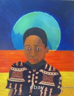 African American Outsider Oil Painting Fabric on Canvas African American Boy