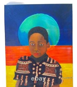 African American Outsider Oil Painting Fabric on Canvas African American Boy