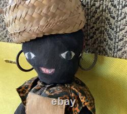 Antique Early Primitive Black Folk Art Hand Made Needle Face Cloth Doll 11