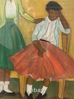 Antique Old African American Social Realism WPA Women Portrait Painting 1940s