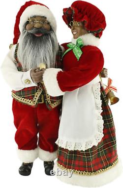 Dancing Mr & Mrs Ethnic African American Santa Claus Red, Green, Gold Plaid 16