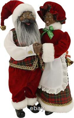 Dancing Mr & Mrs Ethnic African American Santa Claus Red, Green, Gold Plaid 16