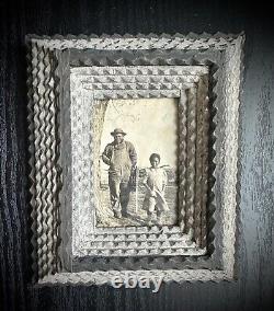 Old Photo African American Man & Girl In Antique Tramp Folk Art Picture Frame