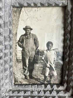 Old Photo African American Man & Girl In Antique Tramp Folk Art Picture Frame