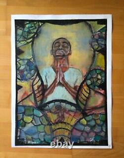 Original African American Painting Oil Pastel Black Folk Art Unframed Signed