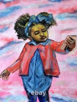Original African American Painting Young Girl Oil Pastel Art Unframed Signed