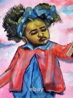 Original African American Painting Young Girl Oil Pastel Art Unframed Signed