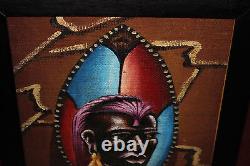 Original African Painting Tribal Man Ethnic Signed Colorful Details Wood Frame