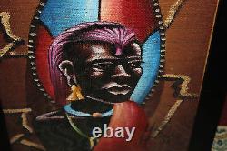 Original African Painting Tribal Man Ethnic Signed Colorful Details Wood Frame