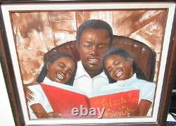 R. Berson Father & Twins African American Original Oil On Canvas Painting