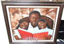 R. Berson Father & Twins African American Original Oil On Canvas Painting