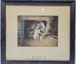 Rare Antique African American art print Hand Colored lady with pipe And House Cat