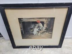 Rare Antique African American art print Hand Colored lady with pipe And House Cat