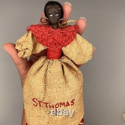 St Thomas Black Doll Wristlet Purse Wood Woven Grass Souvenir US Virgin Islands