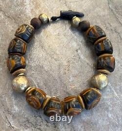 Statement Bohemian Choker Necklace Tribal Horn, Bone and African Brass