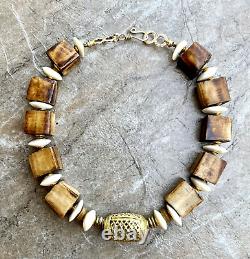 Tribal Boho Necklace Large African Ethnic Bone and Lost Wax Brass Beads