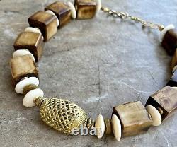 Tribal Boho Necklace Large African Ethnic Bone and Lost Wax Brass Beads