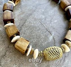 Tribal Boho Necklace Large African Ethnic Bone and Lost Wax Brass Beads