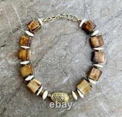 Tribal Boho Necklace Large African Ethnic Bone and Lost Wax Brass Beads