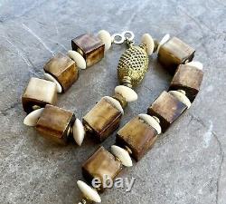 Tribal Boho Necklace Large African Ethnic Bone and Lost Wax Brass Beads