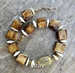 Tribal Boho Necklace Large African Ethnic Bone and Lost Wax Brass Beads