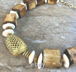 Tribal Boho Necklace Large African Ethnic Bone and Lost Wax Brass Beads