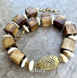 Tribal Boho Necklace Large African Ethnic Bone and Lost Wax Brass Beads