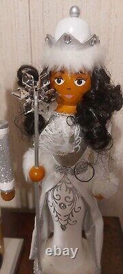 Two African American Christmas Snow Princess Nutcracker and King Silver Glitter
