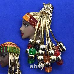 VTG Brooch Pin Clip Earring Set Cameo Bust African American Braid Bead Ethnic