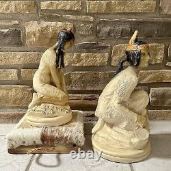 Vintage'60s Midcentury Chalkware Native American Male & Female Statues 14-15.5