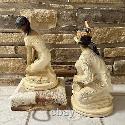 Vintage'60s Midcentury Chalkware Native American Male & Female Statues 14-15.5