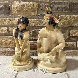 Vintage'60s Midcentury Chalkware Native American Male & Female Statues 14-15.5