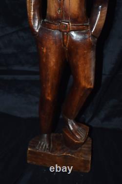 Vintage AFRICAN AMERICAN Sculpture Hand Wood Carving Of Young Man 26.5T