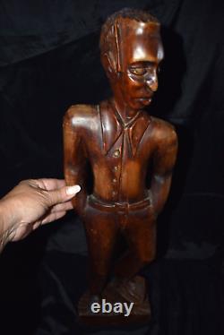 Vintage AFRICAN AMERICAN Sculpture Hand Wood Carving Of Young Man 26.5T