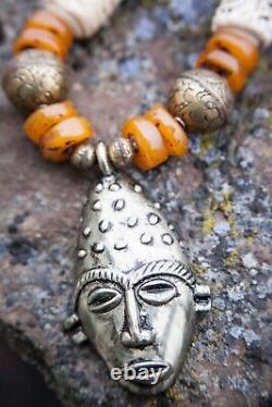 Vintage African Mask Tribal Carved Bone Statement Ethnic Necklace Adea