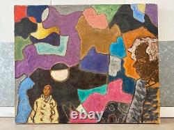 Vintage Mid Century Modern Black African American Cubist Oil Painting, LEE