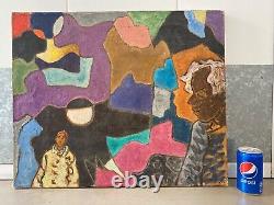 Vintage Mid Century Modern Black African American Cubist Oil Painting, LEE