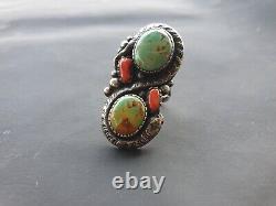 Américaine Turquoise Hommes 925 Silver Sterling Vtg Coral Vert Taille Solide 8 Anneau