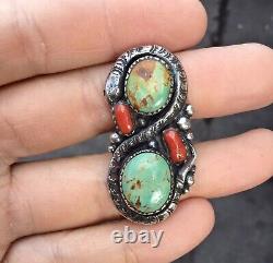 Américaine Turquoise Hommes 925 Silver Sterling Vtg Coral Vert Taille Solide 8 Anneau